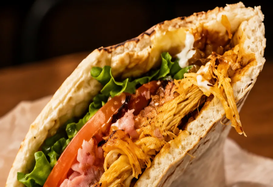 Árabe de Frango Especial, com frango desfiado, alface e tomate no pão árabe